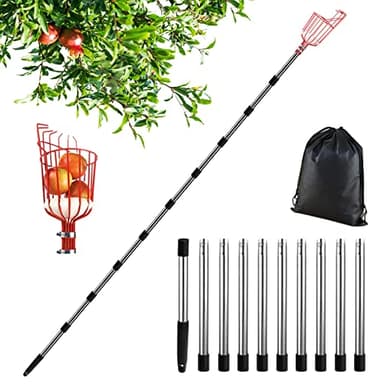 Apfelpflücker mit Teleskopstiel Edelstahl 4.3M, Obstpflücker mit Teleskopstiel Metall, Kirschpflücker Outdoor Garten, Obstpflücker mit Teleskopstange, Obsternter Erntehelfer Birnen Beeren Ø 145mm