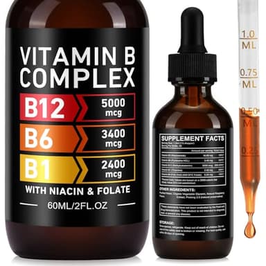 Vitamin B Komplex Tropfen Flüssig, 60ml Vitamin B Komplex Hochdosiert Tropfen mit 5 B-Vitaminen B1, B3 Niacin, B6, B9 Folsäure, B12, Vegan, Natürlichem Himbeergeschmack