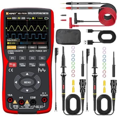 50MHz Bandbreite Zweikanal-Oszilloskop, 25000 Zählungen Digital Multimeter, DDS Signalgenerator, 3,5 Zoll LCD Display 3-in-1 Strom Tester, 280MSa/s High Sampling Professional Oszilloskop (XE-703S)