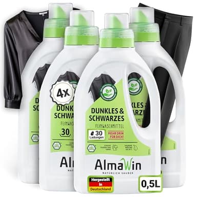 AlmaWin® Waschmittel Schwarze Wäsche [4x 750ml - 120 Ladungen] für strahlende Farben frei von Verblassen - Veganes Waschmittel schwarz für schonende Reinigung mit Waschnuss [20-60°C]