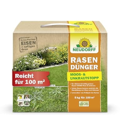 Neudorff RasenDünger Moos- & UnkrautStopp – Rasendünger mit Eisen und Kalium sorgt für einen dichten, grünen Rasen ohne Moos und Unkraut, 5 kg für 100 m²