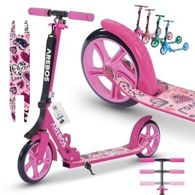 Arebos Cityroller Tretroller Pink Scooter höhenverstellbar | klappbar | inkl. Traggurt | XXL Räder | Tritt-Bremse | für Kinder und Erwachsene | bis 100kg belastbar | Kickroller | Kickscooter