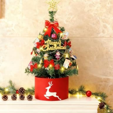 60cm Künstlicher Weihnachtsbaum mit Beleuchtung,Desktop-YTisch-Weihnachtsbaum-Set mit Sternspitze, Goldener Kette, Weihnachtsbaumrock & Weihnachtsdekorationen, Kleiner Weihnachtsbaumfür Home & Office