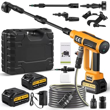 Viugreum 200 Bar Akku Hochdruckreiniger, 6-in-1-hochdruckreiniger mit akku 2 4000 mAh, 5 m Schlauch und Schaumbehälter, LED-Touchscreen, 4 Gänge einstellbar, high Pressure Cleaner für Auto, Terrasse