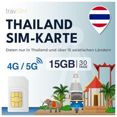 Thailand SIM Karte travSIM | 15GB Mobile Daten | Funktioniert auf iOS- und Android-Geräten | Der Plan auf Dieser SIM-Karte für Thailand ist 30 Tage lang gültig