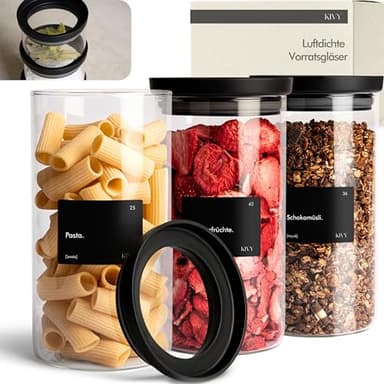 KIVY Vorratsgläser mit transparenten Glasdeckel [3x 1200ml] Luftdichte & Stapelbare Vorratsgläser mit Deckel Luftdicht - Vorratsdosen Glas mit Deckel - Vorratsglas mit Deckel - Aufbewahrungsgläser