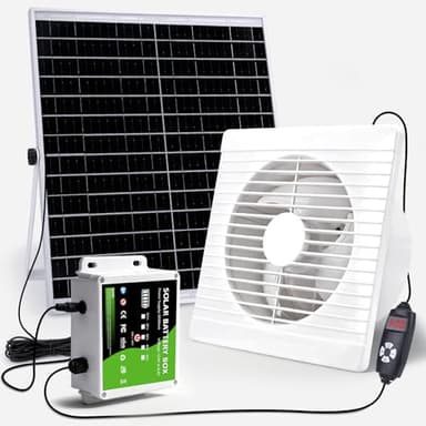 Solar Ventilator mit Solar Powerbank, 17W Solar Lüfter Ø200mm mit Kabel 4M | IP65 Wasserdicht | Lüftungsstufenregelung und Zeitfunktion | 500 m³/h | 36dB für Hühnerstall, Treibhaus, Gewächshäuser