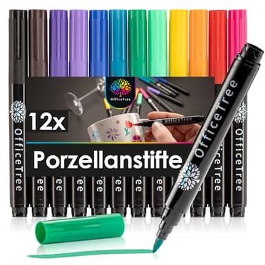OfficeTree 12 x Porzellanstifte Spülmaschinenfest - 12 Farben - Pinselspitze - Glas und Porzellanstifte auf Wasserbasis - Keramikstifte spülmaschinenfest für Porzellan, Keramik & Glas - Porcelain Pen
