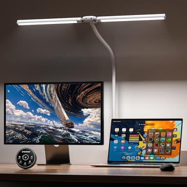 EYOCEAN Schreibtischlampe, Doppelkopf Schreibtischlampe Klemmbar, 16W 72cm Tageslichtlampe Schreibtisch mit Fernbedienung, Dimmbare Monitor Lampe, Schwanenhals Büro Tischlampe, Augenschutz Klemmlampe