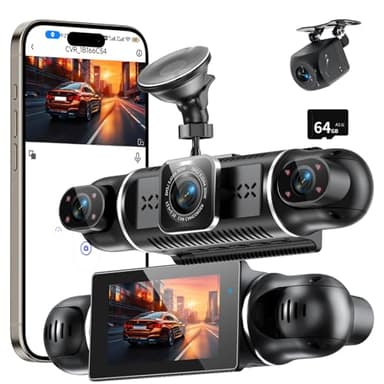360° Dashcam Auto Vorne Hinten 4K/1080P, 4 Kanal Dash Cam Auto Kamera mit 64GB SD-Karte,3" IPS-Bildschirm,4X 140° Weitwinkel,WDR Nachtsicht (8 IR-LEDs),G-Sensor,24/7 Parkmodus,Loop-Aufnahme, WiFi App