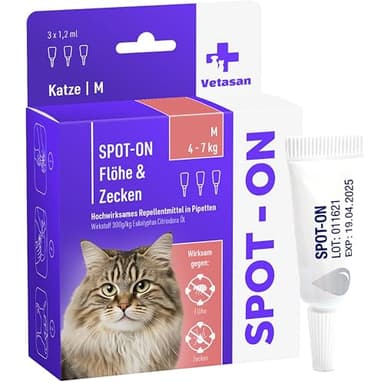 Vetasan Spot-ON für Katzen 4-7kg (M) | gegen Flöhe & Zecken | 3 Monate Schutz | ohne Chemie | Zeckenmittel für Katzen | Floh- und Zeckenschutz für Katze