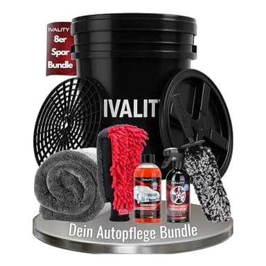 Ivality 8-teiliges Auto waschen set für optimale Handwäsche mit 20L Wascheimer, Deckel & Schmutzsieb, Mikrofasertücher, Waschhandschuh, Autoshampoo, Felgenbürste und Felgenreiniger für Autopflege