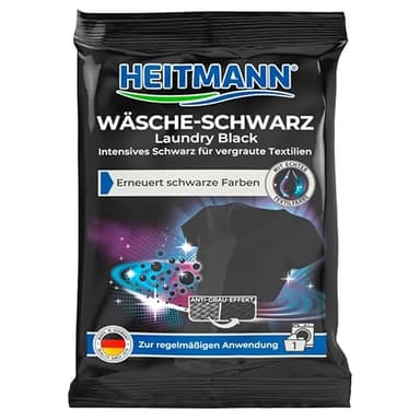 HEITMANN Wäsche-Schwarz | Farbauffrischer für schwarze Kleidung | Erneuert und schützt tiefes Schwarz | Mit echter Textilfarbe gegen Grauschleier | Für alle Waschtemperaturen | 50 g