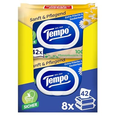 Tempo Feuchte Toilettentücher "Sanft & Pflegend" - Megapack - 16 Packungen mit je 42 Tüchern - Duo Packs - mit natürlicher Kamille - Toilettenpapier, dermatologisch getestet & pH-hautneutral