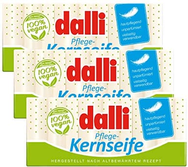 dalli Pflanzliche Kernseife – Hergestellt nach altbewährtem Rezept – Hautpflegend, unparfümiert, vielseitig verwendbar, vegan – 9 x 125 g