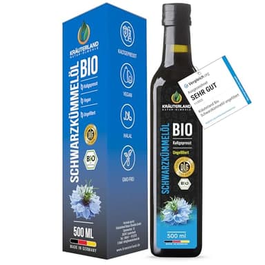 Kräuterland Schwarzkümmelöl Bio 500ml, kaltgepresst & ungefiltert, hoher Thymochinon‑Anteil, ägyptische Samen, mühlenfrisch, 1. Pressung, 100 % Nigella sativa, naturrein, lichtgeschützten Glas