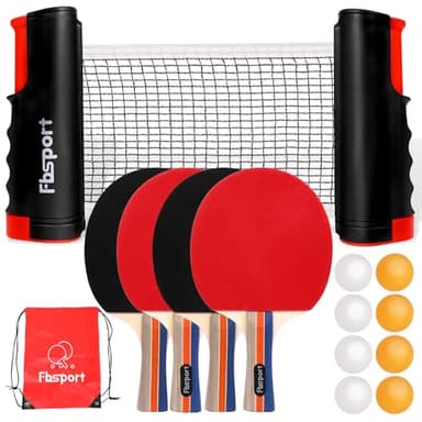 Tischtennisschläger Set Profi, Tischtennis Set mit 4 Schläger, Einziehbarem Netz, 8 Tischtennis Bälle und 1 Tragetasche, Ping Pong Set für Indoor Outdoor Kinder Erwachsene