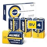 Allmax 9V Block (6LR61) Maximum Power Alkaline-Batterien (4 Stück) - Ultra-langlebig, 7 Jahre Haltbarkeit, auslaufsicheres Design - perfekt für Rauchmelder und kabellose Mikrofone (9 Volt)
