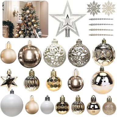 Weihnachtskugeln 101er Set, Weihnachtsdeko, Kunststoff Christbaumkugeln, Champagner Weihnachtsbaumkugeln, Baumspitze Stern, Matt, Glänzend, Mehrweg Baumkugeln Weihnachten, 3, 4 & 6 cm