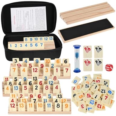 Wooderma Rummy Holz Spiel – Rummy Cup Set mit 160 Spielsteinen & 6 Holzhaltern, Brettspiel für 2–6 Spieler, Familienspiel & Gesellschaftsspiel ab 8 Jahren, Reisespiel für Kinder und Erwachsene