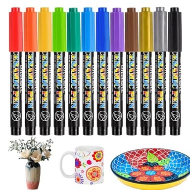 Canollo 12 Farben Porzellanstifte Spülmaschinenfest, Porzellanstifte, Keramik Stifte zum Bemalen Set, Porzellanfarbe Spülmaschinenfest für Glas, Stein, Tassen Keramik Mustern und Designkreationen