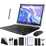 2025 Neueste Tablet 10 Zoll,3-in-1 Android Tablet Mit Tastatur Maus Stift, 4G LTE Tablets Mit 2 SIM 1 SD,64GB ROM 512GB TF-Octa-Core | 1080P FHD | 13MP | 6000mAh | Bluetooth | WLAN GPS Typ C-Schwarz