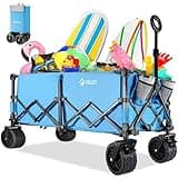 VILLEY Bollerwagen Faltbar 220L 150KG, 10x18cm Extra Breite Reifen, All Terrain XXL Handwagen klappbar mit Bremsen, Transportwagen Einkaufstrolley für Camping Strand Einkaufen, Blau