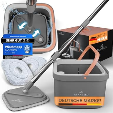 Wischmopp Set mit Eimer, 2-Kammer-System & 2 Mikrofaser-Pads, Flachmopp Bodenwischer mit Edelstahlstiel & Auswringfunktion, Nass- und Trockenmopp für Home & Bodenreinigung, Grau – ALANBERG®