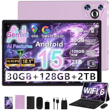 Dghrti 2026 Android 15 Tablet 10 Zoll IPS HD Display [30GB RAM] 128GB + TF 2TB - Octa-Core, 8000mAh, Metallgehäuse, 5MP+8MP, WiFi6, Face ID, Widevine L1 - Tablet Mit Tastatur Und Maus - Violett