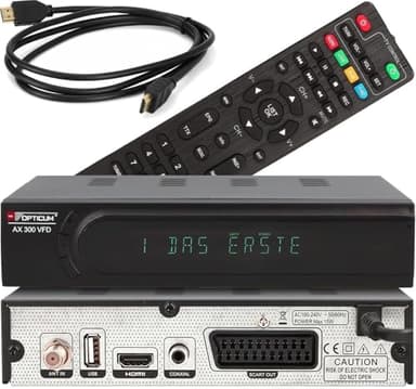 RED OPTICUM HD Sat Receiver AX 300 VFD Display PVR Ready - USB TV Aufnahme, HDMI, SCART, Coaxial - Digital TV Receiver für Satellitenschüssel/Satelliten/Satellit + netshop 25 HDMI Kabel