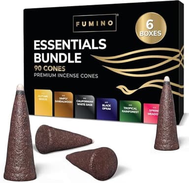 Fumino Räucherkegel-Set Essentiell Multipack - Frische Räucherkerzen mit Masala Agarbatti Joss Räucher Duft - 6 Boxen, 90 Räucherkegel - Räucherpyramiden Weihrauch für Entspannung & Meditation