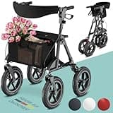 maxVitalis Rollator faltbar und leicht mit Sitz, Outdoor Rollator mit Luftbereifung inkl. Sitzfläche, Rückengurt, höhenverstellbare Gehhilfe aus Aluminium inkl. Tasche und Stockhalter Anthrazit