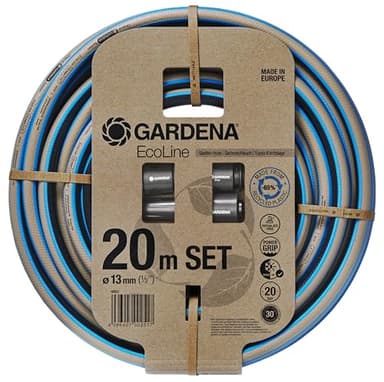 Gardena EcoLine Schlauch 1/2 Zoll, 20m mit Systemteilen: Nachhaltiger Gartenschlauch aus recyceltem Plastik, Phthalat- und schadstoffrei, Power-Grip-Funktion, frostsicher und UV-beständig (18931-20)