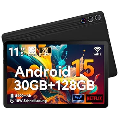 Ainmel Tablet 11,5 Zoll Android 15, 30GB RAM 1TB TF, 2K Android Tablet 2000 * 1200 FHD, 8400mAh, Widevine L1, 13MP Kamera, WiFi 6&BT 5.3, Face ID Tablet PC für Arbeit/Studium - Schwarz
