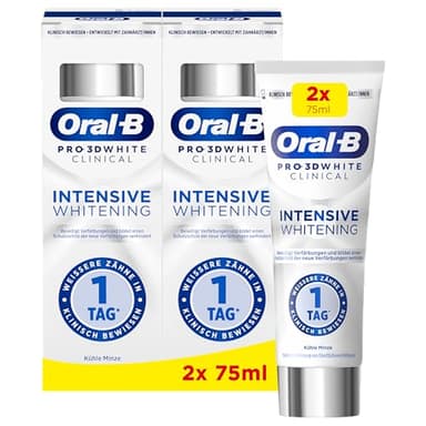Oral-B Pro 3D White Clinical Intensive Whitening Zahnpasta - 2x75ml, Zahncreme/Toothpaste für Weißere Zähne in 1 Tag, Made in Germany, Kühle Minze Geschmack