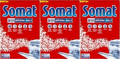 SOMAT 5in1 Spezial-Salz im Vorratspack, Spülmaschinensalz für weiches Wasser, Wasserenthärter für die Spülmaschine wirkt gegen Kalk für glänzende Ergebnisse (3 x 1,2 kg)