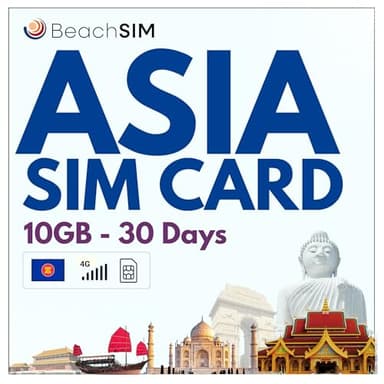 BeachSIM Asien SIM Karte 30 Tage. 10 GB mit 4G/5G-Netz. Thailand, Indonesien, Singapur, Malaysia, Hongkong + 6 weitere asiatische Länder. Einfaches Aufladen. Schnelle Aktivierung. Nur Daten.