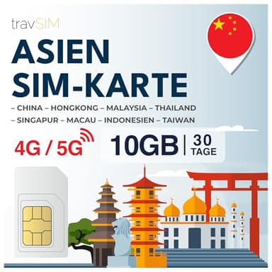 Asien SIM Karte travSIM | 30 Tage - 10GB | SIM-Karte Asien, Nutzung in Macau, China, Hongkong, Malaysia, Thailand, Singapur & mehr | Zugang zu Google, Facebook, Whatsapp & mehr | Keine Roamingkosten