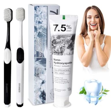Hydroxylapatit Zahnpasta, Nano-Hydroxyapatit Zahncreme mit 2 Toothbrush - für Natürlich Weissere Zähne, Fluoridfreie Zahnschmelzreparatur und Linderung Von, Sanfte und Effektive Formel, 4 Oz, 120g