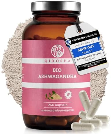 QIDOSHA® Bio Ashwagandha Kapseln, TESTSIEGER 08/23*, 1500 mg je Tagesportion, 240 Kapseln im Glas, Ashwagandha hochdosiert, Withania Somnifera (Schlafbeere), laborgeprueft, vegan