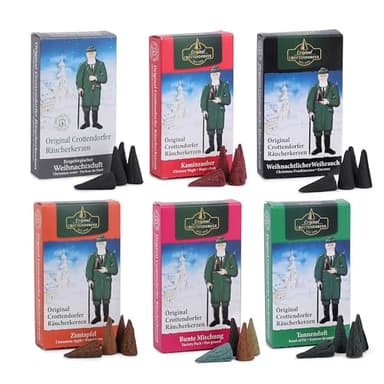 Crottendorfer Räucherkerzen Weihnachtsdüfte 6er Pack (6 x 24 Stück) – Weihnachtlicher Weihrauch, Kaminzauber, Bunte Mischung, Tannenduft, Zimtapfel, Adventsduft – Höhe 2,7cm, Ø 1,2cm – 15 Min. Brennd.
