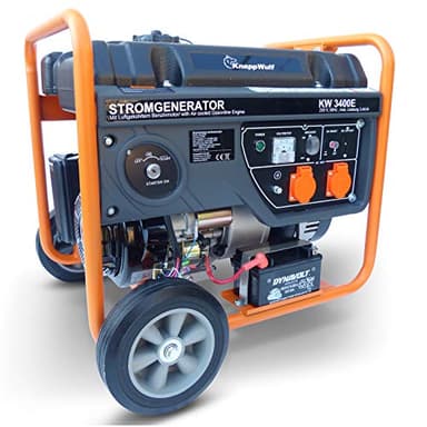 KnappWulf Generator Stromerzeuger KW3400E Stromaggregat Notstromaggregat 3000W mit Elektro Starter inkl. Batterie 2x230V, 1x12V, Ölmangelsicherung AVR Industrie Kunststofftank 15L
