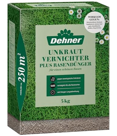 Dehner Unkrautvernichter plus Rasendünger | NPK-Dünger, Mischdünger, Unkrautvernichtung | Chlorarm | Kalium | sicher gegen Unkraut | Langzeitwirkung | 2 in 1 | Markenqualität | für ca. 250 qm