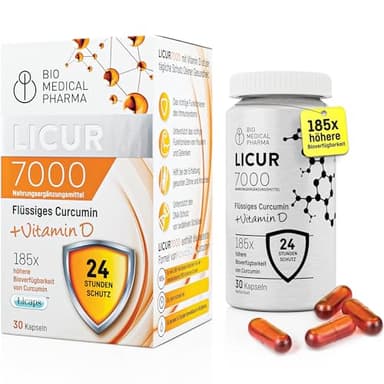 Kurkuma Kapseln hochdosiert – 185x Höhere Bioverfügbarkeit – Mizellares Curcumin NovaSOL – Nur 1 Kapsel Täglich Ohne Piperin – Flüssig mit Vitamin D3 – Licur 7000 (30 Kapseln, Monatsvorrat)