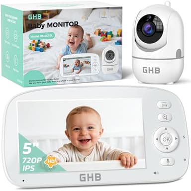 GHB Babyphone mit Kamera 5 Zoll 720P HD Kamera IPS Display mit 5000mAh Akku 4X Zoom 2-Bildschirm-Split Pan/Tilt 350°/110° Nachtsicht Wiegenlied