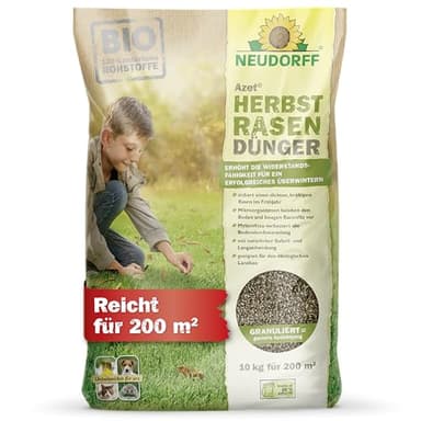 Neudorff Azet HerbstRasenDünger - Organischer Bio-Dünger für 200 m² stärkt die Frosthärte und sorgt für einen dichten, kräftigen Rasen im Frühjahr, 10 kg