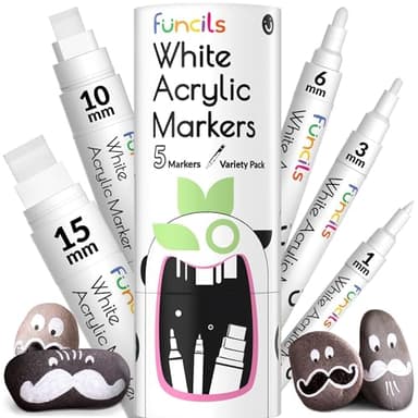 Funcils 5 Acrylstifte für Steine, Glas, Holz, Leinwand - Weiß Acryl Marker 1mm, 3mm, 6mm, 10mm, 15mm Spitze. Die Acryl Stifte sind ideal für Erwachsene und auch Kinder.