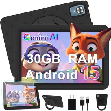 DMOAO Kinder Tablet 10 Zoll Android 15 mit 30GB RAM + 64GB ROM(2TB), 5G WLAN 6, Widevine L1, Elterliche Kontrolle, 8-Core, 6000 mAh, Kids Tablet mit Kinder Hülle Eva + 360° Drehbarer Ständer, Schwarz