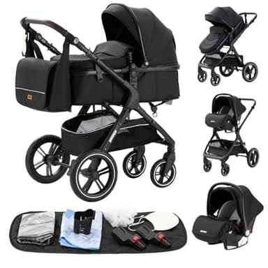 YAZOCO kinderwagen 3 in 1 Buggy Babybett Komplett Set Einem Klick Zusammenklappbarer Kinderwagen, KombiKinderwagen Aluminiumrahmen für Neugeborene Sitzzubehör (1 schwarz)