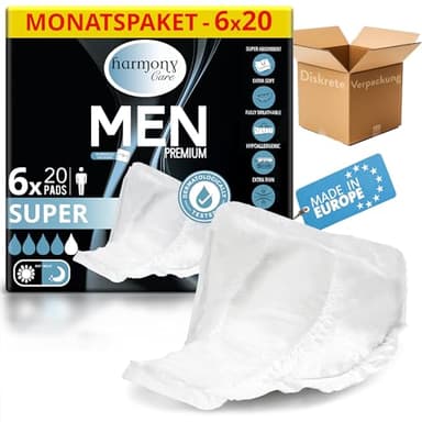 Harmony Care® Men SUPER saugstarke Inkontinenzeinlagen für Männer bei leichter bis mittlerer Blasenschwäche - diskrete Einlagen für Männer bei Inkontinenz - 120 Stück